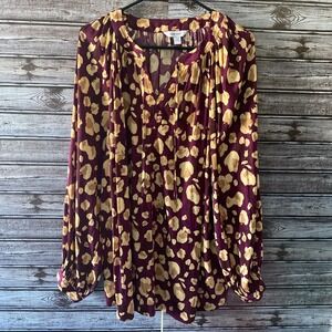 Nine West Women's Long-Sleeved Blouse Size 2X Purple Beige Animal Print